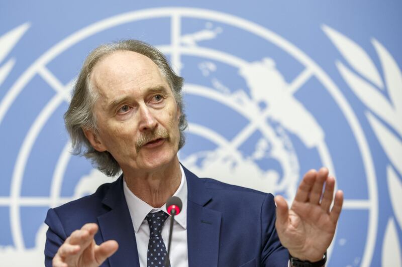 epa07981535 Geir O. Pedersen, Special Envoy for Syria, speaks to the media after the first round on the meeting of the Syrian Constitutional Committee, during a press conference at the European headquarters of the United Nations (UNOG) in Geneva, Switzerland, 08 November 2019.  EPA/SALVATORE DI NOLFI