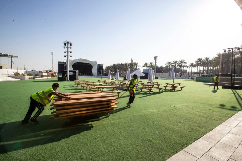 The fan zone at Expo City Dubai under construction during the countdown to the World Cup. Ruel Pableo for The National