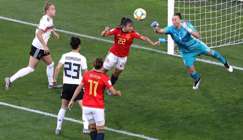 Germany's Almuth Schult in action with Spain's Nahikari Garcia. Reuters