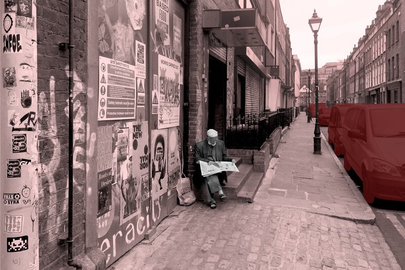 Shortlisted: 'Bangladeshi elder reading newspaper on Fournier Street' by Saif Osmani. Part of a photographic series that documents the relationship between built heritage policies and the Bangladeshi-Muslim cultural spaces in Brick Lane's Banglatown. The photographer captures a place experiencing immense change where the layered cultural heritage of the Spitalfields area is threatened by gentrification through 'hipsterfication'.