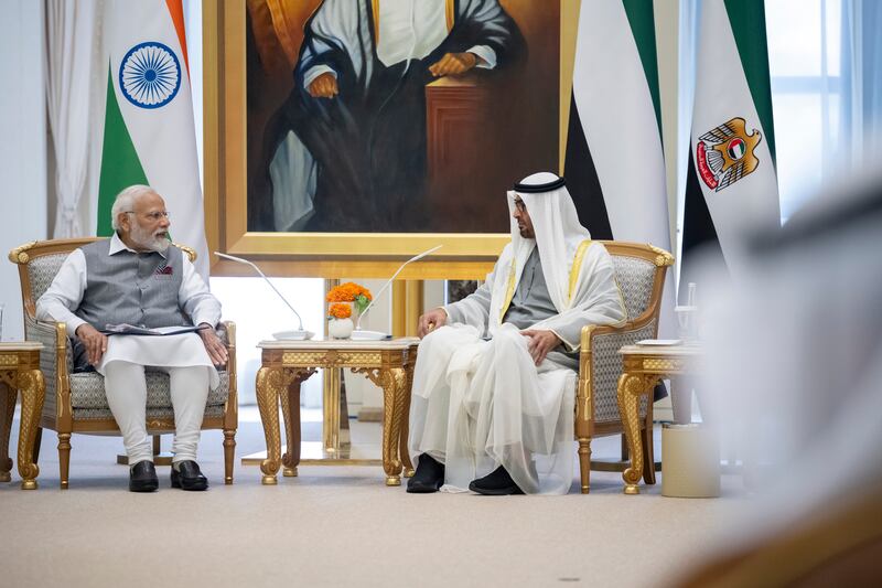 President Sheikh Mohamed and Narendra Modi, Prime Minister of India, prepare for bilateral discussions in their meeting at Qasr Al Watan. Hamad Al Kaabi / UAE Presidential Court