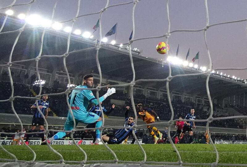  Tammy Abraham scores Roma's fourth goal against Atalanta in Bergamo. Reuters