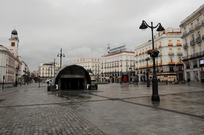 View of the empty Sol square in Madrid, Spain as lockdown continues in the Spanish capital. EPA