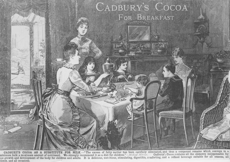 July 1886:  A family sitting around the breakfast table in an advertisement for Cadbury's Cocoa. Original Publication: The Graphic  (Photo by Hulton Archive/Getty Images)