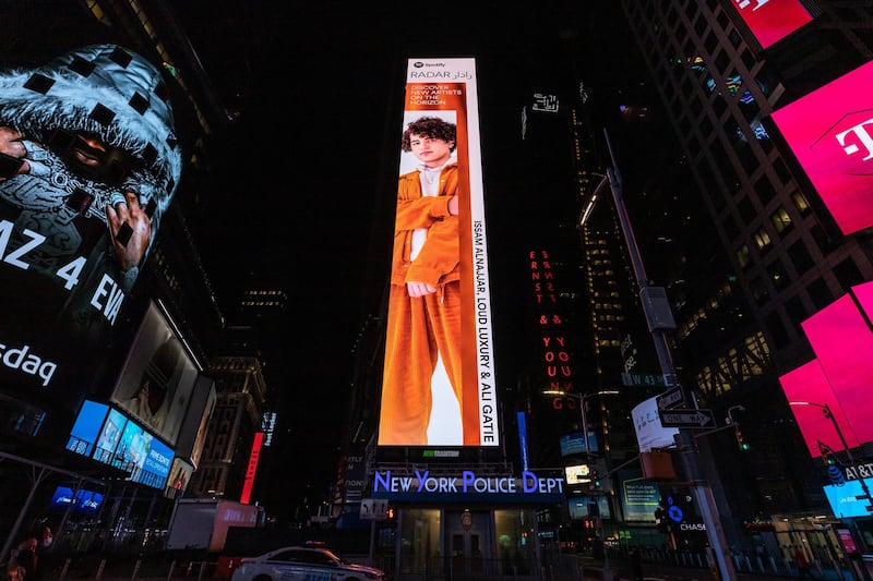 Shining bright: Jordanian teenager Issam Alnajjar appears in Spotify's billboard in New York. Courtesy Spotify