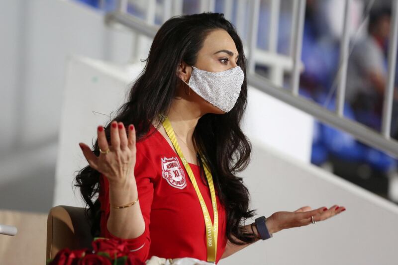 Preity Zinta co owner of the Kings XI Punjab during match 31 of season 13 of the Indian Premier League (IPL ) between the Royal Challengers Bangalore and the Kings XI Punjab held at the Sharjah Cricket Stadium, Sharjah in the United Arab Emirates on the 15th October 2020.  Photo by: Arjun Singh  / Sportzpics for BCCI