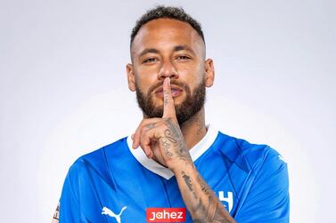 Soccer Football - Neymar signs for Al Hilal - Paris, France - August 15, 2023 Al Hilal's new signing Neymar poses in their shirt after signing Al Hilal Sports Club/Handout via REUTERS  ATTENTION EDITORS - THIS IMAGE HAS BEEN SUPPLIED BY A THIRD PARTY.  NO RESALES.  NO ARCHIVES