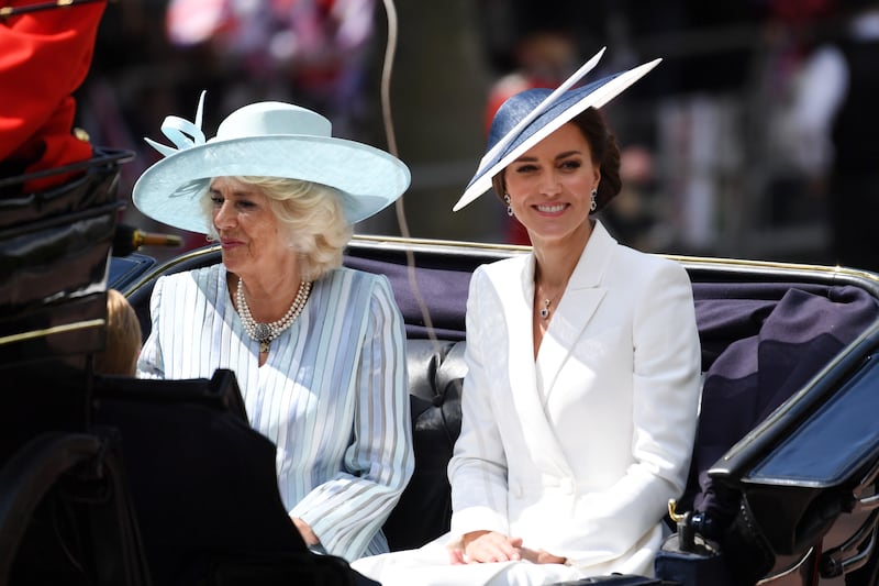 Camilla, Duchess of Cornwall, with Catherine, Duchess of Cambridge at the Trooping the Colour parade. Getty