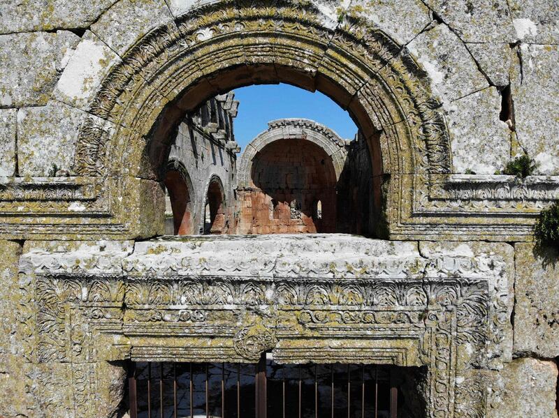 An adorned arc on top of the entrance of the church in Qalb Loze. AFP