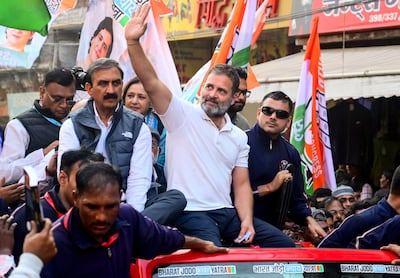 India's Congress party leader Rahul Gandhi waves to his supporters from the roof of a vehicle during a rally in Prayagraj, Uttar Pradesh, on February 18. AFP