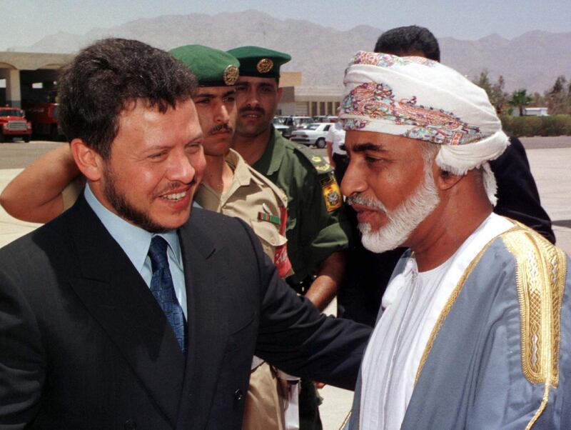 Jordan's King Abdullah (L) welcomes Sultan Qaboos of Oman on his arrival at Aqaba airport June 7. Sultan Qaboos arrived in Jordan on Monday as part of an Arab and European tour to discuss the latest developments in the Middle East peace process.

AJ