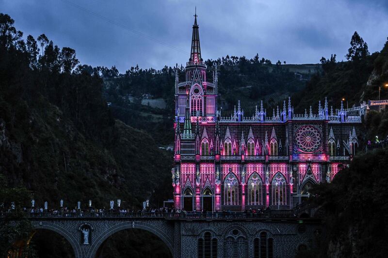 General view of the illuminated sanctuary basilica Roman Catholic church "Las Lajas" located in Columbia. AFP