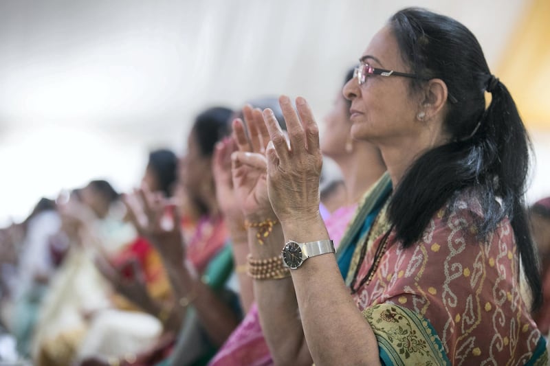 ABU DHABI, UNITED ARAB EMIRATES - April 20 2019.

The Shilanyas Vidhi, The Foundation
ceremony of the first traditional Hindu Mandir in Abu Dhabi, UAE. The Vedic ceremony is performed in the holy presence of His Holiness Mahant Swami Maharaj, the spiritual leader of BAPS Swaminarayan Sanstha.

(Photo by Reem Mohammed/The National)

Reporter:
Section: NA + BZ