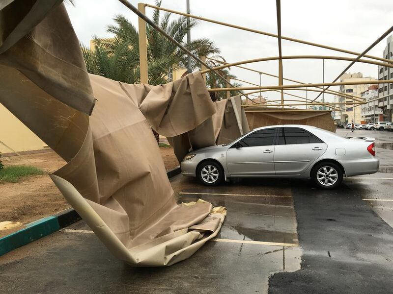 Aftermath of a massive rainstorm along Airport Road in Abu Dhabi. Liz Claus / The National