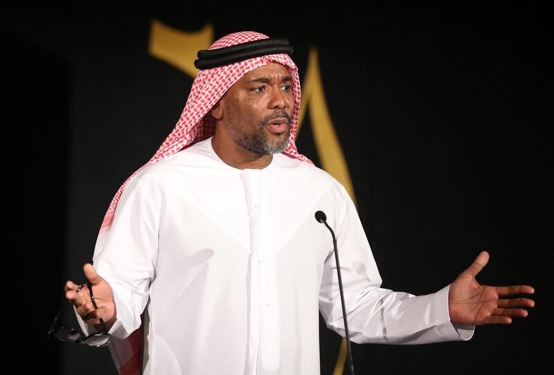 American director Lee Daniels, who headed the juiry for the Muhr Feature awards at the Dubai International Film Festival 2014, speaks furing the ceremony announcing the winners.  EPA / Ali Haider