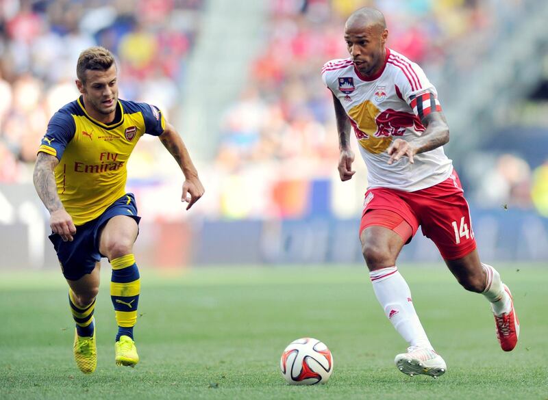 Football - New York Red Bulls v Arsenal - Pre Season Friendly - Red Bull Arena, New Jersey, United States of America - 26/7/14 
New York Red Bull's Thierry Henry (R) in action withArsenal's Jack Wilshere 
Mandatory Credit: Action Images / Adam Holt 
Livepic 
EDITORIAL USE ONLY.