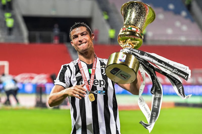 Juventus star Cristiano Ronaldo celebrates winning the Coppa Italia after the 2-1 victory against Atalanta. AFP