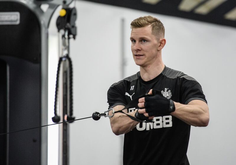 NEWCASTLE UPON TYNE, ENGLAND - APRIL 09: Emil Krafth in the gym during the Newcastle United Training Session at the Newcastle United Training Centre  on April 09, 2021 in Newcastle upon Tyne, England. (Photo by Serena Taylor/Newcastle United via Getty Images)