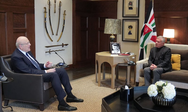 Jordan's King Abdullah II receives Lebanon's Prime Minister Najib Mikati at Al Husseiniya Palace in Amman. Photo: AFP