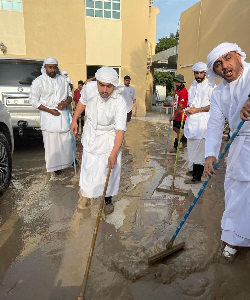 Sheikh Dr Rashid bin Hamad Al Sharqi, Chairman of Fujairah Culture and Media Authority, is supporting the clean-up effort after floods caused widespread damage to homes and property. All pictures: Instagram

