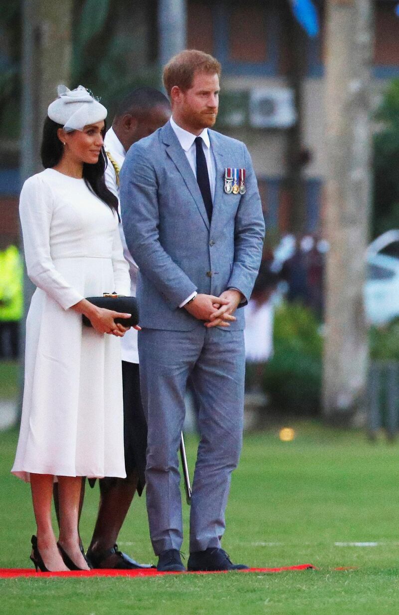 Meghan, Duchess of Sussex, wears Zimmerman and Tabitha Simmons shoes to an official welcome ceremony at Albert Park as they arrive in Suva, Fiji, on October 23, 2018. Reuters