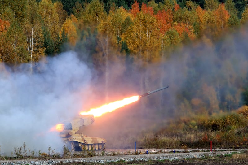 A Russian TOS-1 Buratino multiple rocket launcher fires during 'Russia Arms Expo 2013', the ninth international exhibition of arms, military equipment and ammunition in the Urals city of Nizhny Tagil. Reuters