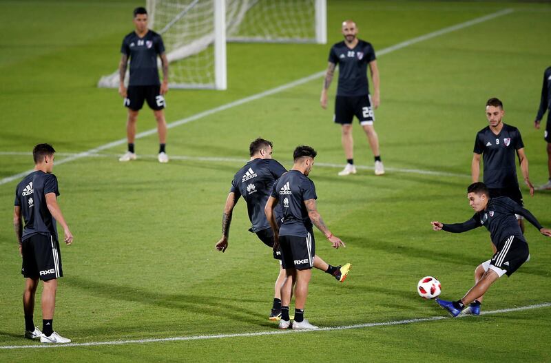 epa07231394 River Plate's players attend a training session in Al Ain, United Arab Emirates, 14 December 2018. River Plate will compete in the FIFA Club World Cup 2018 semifinal soccer match on 18 December 2018.  EPA/ALI HAIDER