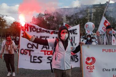 Medical workers demand better salaries and working conditions in France. AP 