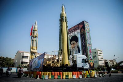 FILE PHOTO: A display featuring missiles and a portrait of Iran's Supreme Leader Ayatollah Ali Khamenei is seen at Baharestan Square in Tehran, Iran September 27, 2017. Picture taken September 27, 2017. Nazanin Tabatabaee Yazdi/TIMA via REUTERS ATTENTION EDITORS - THIS IMAGE WAS PROVIDED BY A THIRD PARTY/File Photo