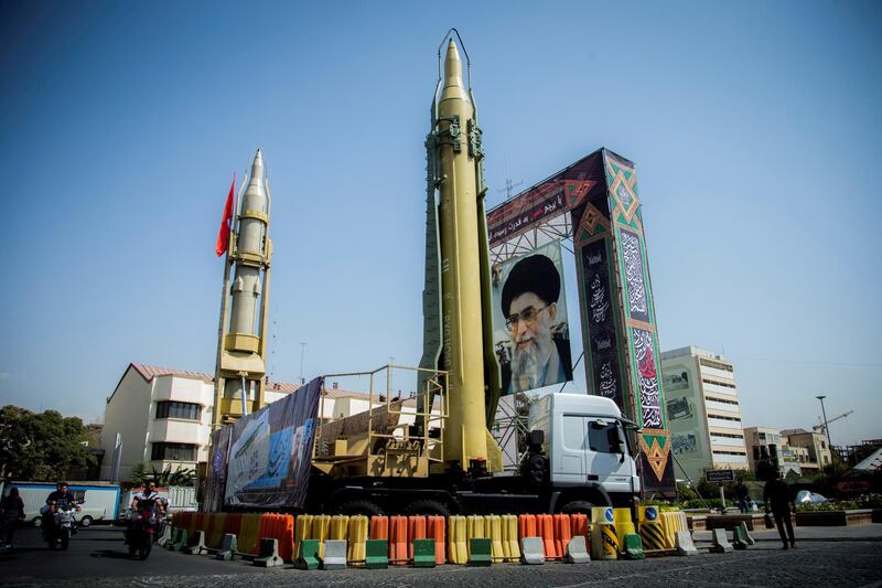 FILE PHOTO: A display featuring missiles and a portrait of Iran's Supreme Leader Ayatollah Ali Khamenei is seen at Baharestan Square in Tehran, Iran September 27, 2017. Picture taken September 27, 2017. Nazanin Tabatabaee Yazdi/TIMA via REUTERS ATTENTION EDITORS - THIS IMAGE WAS PROVIDED BY A THIRD PARTY/File Photo