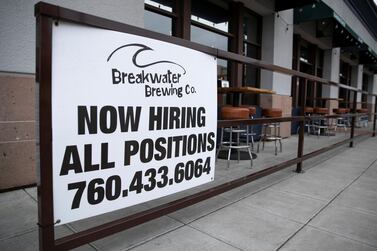 A restaurant advertising jobs in California. Jobless claims fell in the US, signifying an improved economy. Reuters 