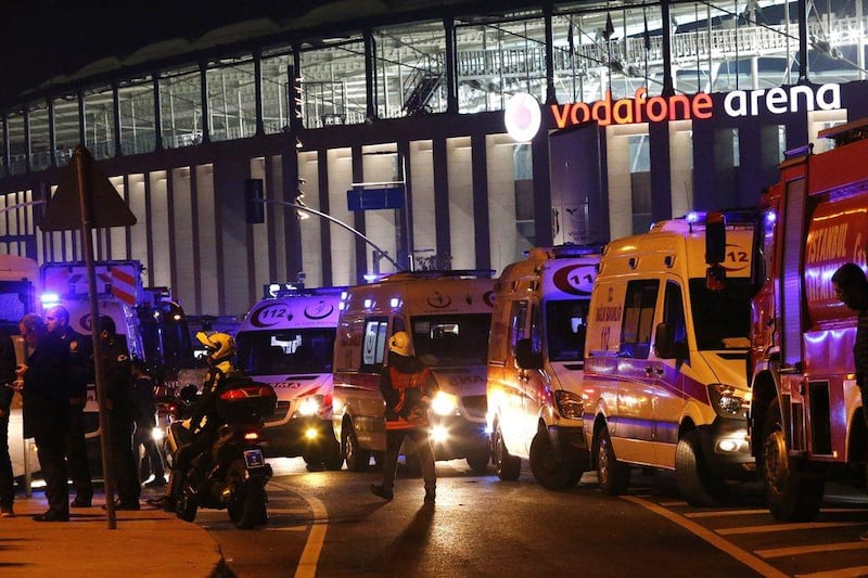 Ambulances at the scene after an explosion around Vodafone Arena Stadium in Istanbul, Turkey following Besiktas' match against Bursaspor. Sedat Suna / EPA / December 10, 2016