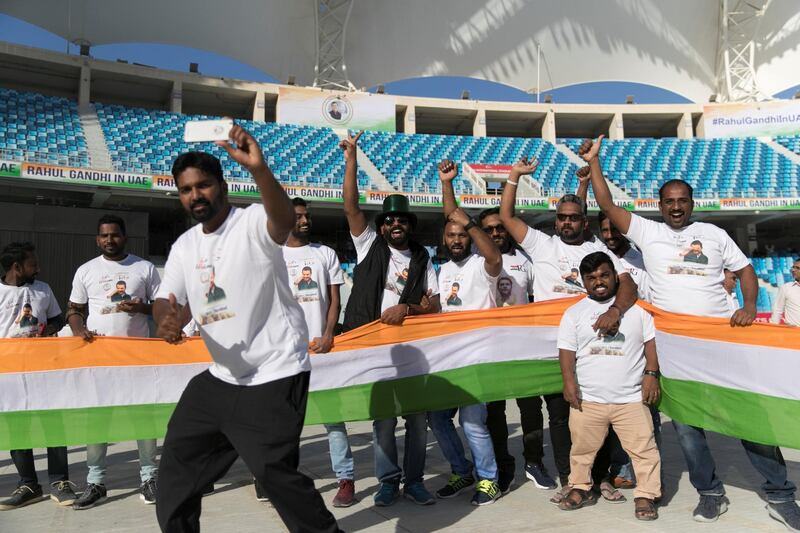 DUBAI, UNITED ARAB EMIRATES - JANUARY 11, 2019.
 
Crowds cheering ahead of Rahul Gandhi's speech today at Dubai International Cricket Stadium.

(Photo by Reem Mohammed/The National)

Reporter: Ramola Talwar.
Section:  NA