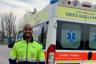 Undated handout photo dated provided by Maxime Mbanda of Italy rugby player Maxime Mbanda, who is volunteering driving ambulances during the coronavirus shutdown. PA Photo. Issue date: Tuesday March 31, 2020. Italy flanker Maxime Mbanda has vowed to push through the fear and keep driving ambulances carrying coronavirus patients to and from hospital. See PA story SPORT Coronavirus Mbanda. Photo credit should read: Maxime Mbanda/PA Wire NOTE TO EDITORS: This handout photo may only be used in for editorial reporting purposes for the contemporaneous illustration of events, things or the people in the image or facts mentioned in the caption. Reuse of the picture may require further permission from the copyright holder.