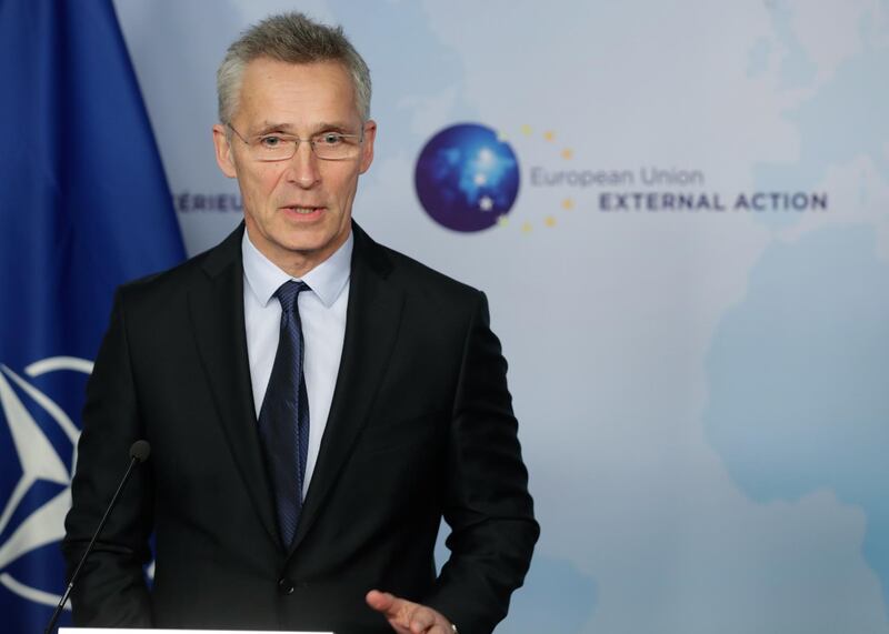 epa08057693 NATO Secretary General Jens Stoltenberg speaks at a joint press conference with European High Representative of the Union for Foreign Affairs, Josep Borrell (unseen), ahead of a meeting at the building of the European External Action Service (EEAS), in Brussels, Belgium, 09 December 2019.  EPA/STEPHANIE LECOCQ