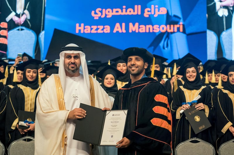 ABU DHABI, UNITED ARAB EMIRATES - October 20, 2019: HH Sheikh Theyab bin Mohamed bin Zayed Al Nahyan, Abu Dhabi Executive Council member and Chairman of the abu Dhabi Crown Prince Court (CPC) (L), presents a certificate to Astronaut Major Hazza Al Mansouri (R), during the Khalifa University Graduation Ceremony, at Emirates Palace.

( Hamad Al Kaabi / Ministry of Presidential Affairs )​
---