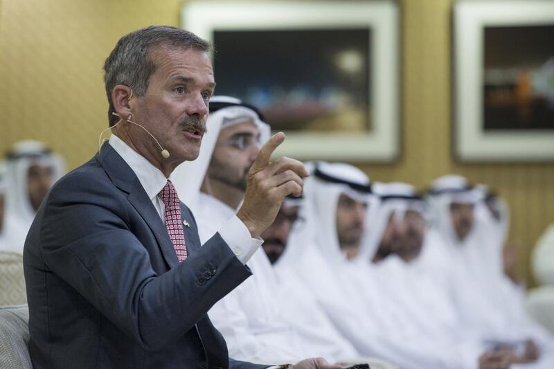 Chris Hadfield, probably the most famous astronaut since Neil Armstrong, tells guests at Sheikh Mohammed bin Zayed’s Ramadan majlis of his adventures in space. Donald Weber / Crown Prince Court – Abu Dhabi 