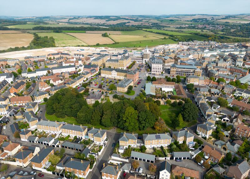 Poundbury, on the outskirts of Dorchester, Dorset, reflects King Charles's traditional approach to architecture and urban planning, and designed to be a sustainable community. Getty Images