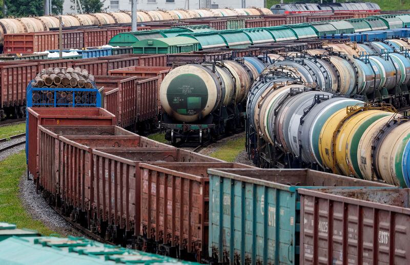 Freight cars, following Lithuania's ban under EU sanctions of the transit of goods through the Russian exclave of Kaliningrad on the Baltic Sea, in Kaliningrad, Russia. Reuters