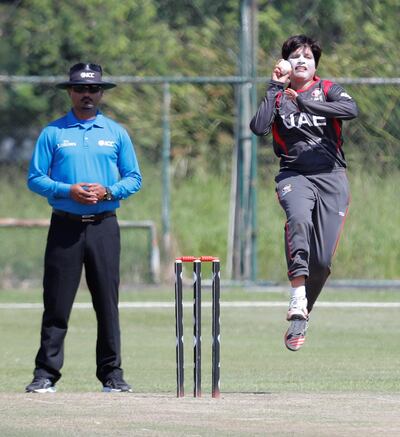 UAE bowler is Chaya Mughal in action against Malaysia. Courtesy ICC