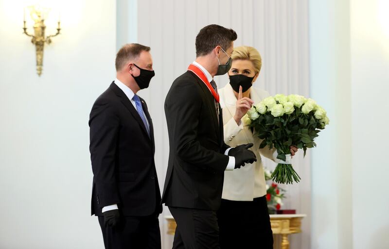 Robert Lewandowski with Polish President Andrzej Duda and First Lady Agata Kornhauser-Duda at the Presidential Palace in Warsaw. EPA