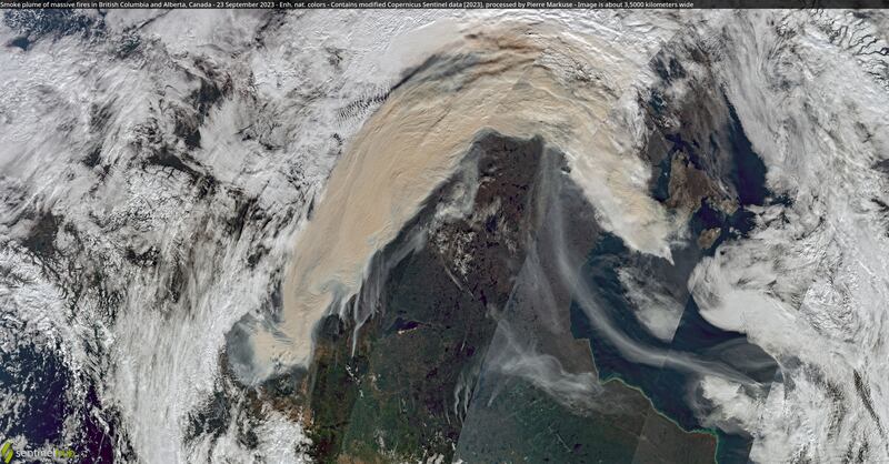 A satellite image shows smoke from wildfires in western and central Canada in September. The ESA and UAE may discuss co-operation in the Earth monitoring Copernicus project next month. Reuters