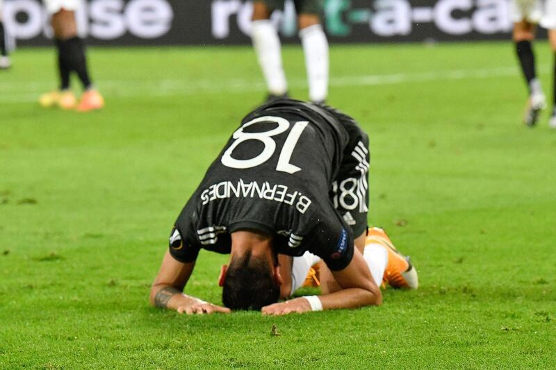 Manchester United's Bruno Fernandes at the end of an Europa League semifinal match against Sevilla in Cologne. AP