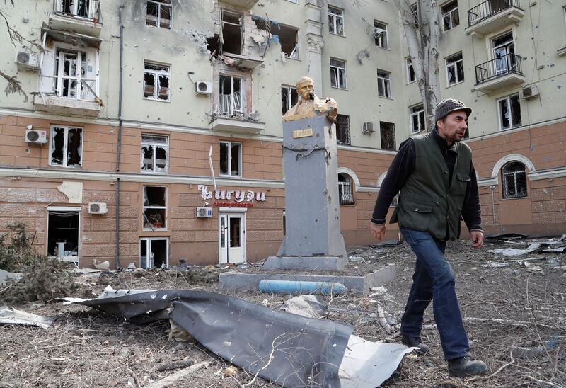 A damaged monument to Ukrainian poet Taras Shevchenko in the besieged city of Mariupol, southern Ukraine. Reuters