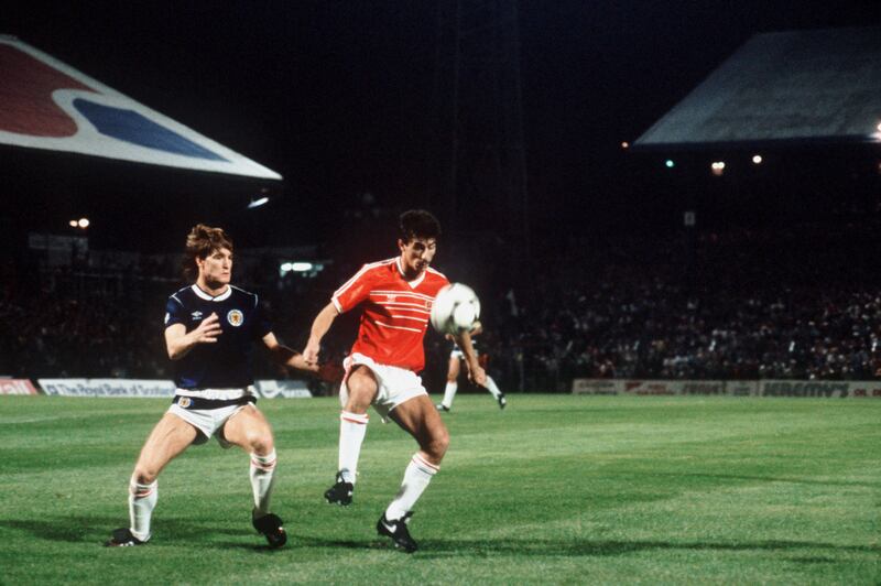 Ian Rush in action for Wales in 1985 against Scotland in a World Cup qualifier. Rush was Wales's record goal scorer, until his tally was surpassed by Gareth Bale in 2018. 