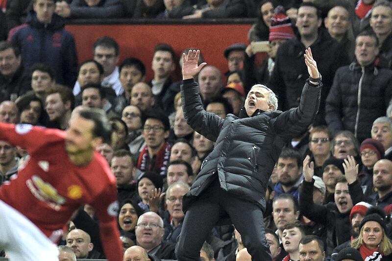 Manchester United's Portuguese manager Jose Mourinho gestures on the touchline during the English Premier League football match between Manchester United and Tottenham Hotspur at Old Trafford in Manchester, north west England, on December 11, 2016. / AFP PHOTO / OLI SCARFF / RESTRICTED TO EDITORIAL USE. No use with unauthorized audio, video, data, fixture lists, club/league logos or 'live' services. Online in-match use limited to 75 images, no video emulation. No use in betting, games or single club/league/player publications.  / 