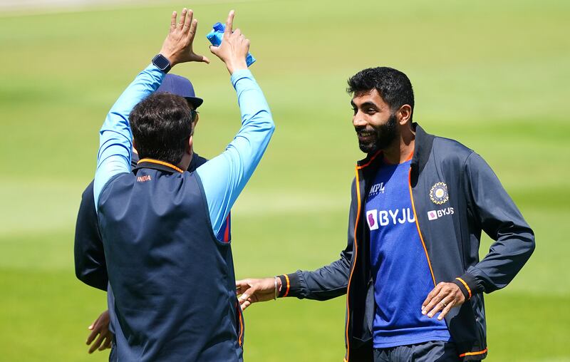 India's stand-in captain Jasprit Bumrah, right, during a nets session at Edgbaston Stadium, Birmingham, on Thursday, June 30, 2022, on the eve of the 5th Test against England. PA