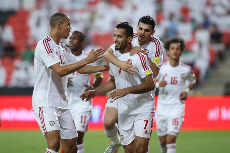 The UAE players celebrate a goal during the 8-0 defeat of East Timor. Adil Alnaimi / At Ittihad