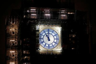 The clock-face on the Elizabeth Tower, commonly known by the name of the bell, "Big Ben" in London, shows 2300 (GMT), as Britain officially leaves the EU (European Union) trading block, on New Year's Eve, December 31, 2020. The UK's tortuous departure from the European Union takes full effect when Big Ben strikes 11:00 pm (2300 GMT) in central London, just as most of the European mainland ushers in 2021 at midnight. / AFP / Tolga Akmen
