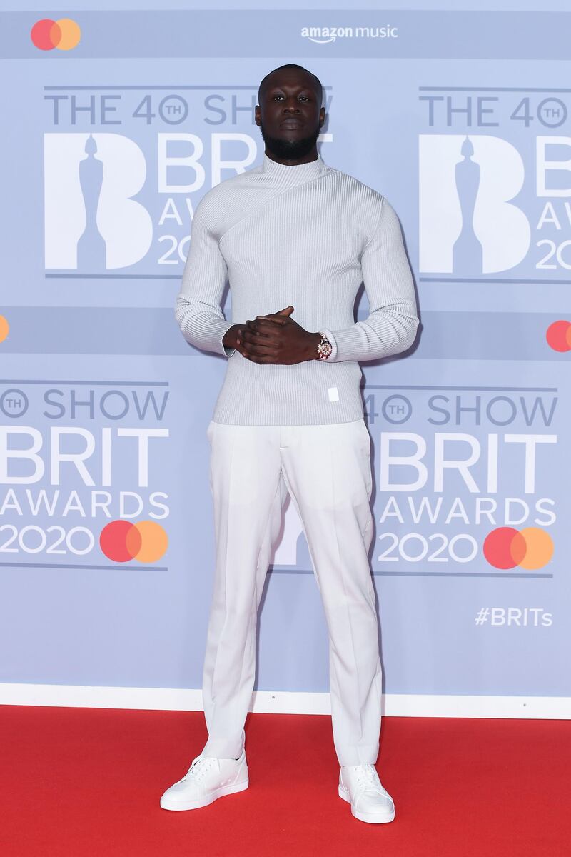 Stormzy arrives at the Brit Awards 2020 at the O2 Arena on Tuesday, February 18, 2020 in London, England. Getty Images